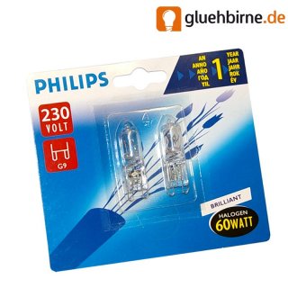 2 x Philips G9 Halogen Stiftsockellampe 230V 60W klar...