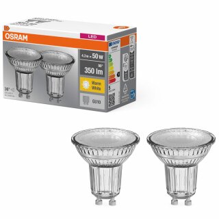 2 x Osram LED Glas Reflektor PAR16 4,3W = 50W GU10 350lm warmweiß 2700K 36°