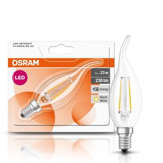 Osram LED Retrofit Filament Windstoß Kerze 2W fast 25W E14 klar Classic BA 25
