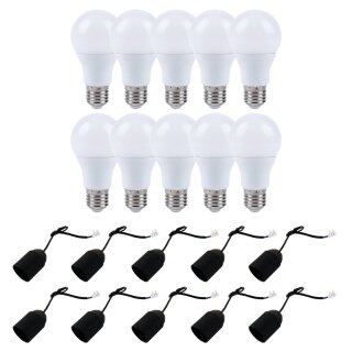 10 x LED Leuchtmittel 15W = 100W E27 matt 1490lm warmweiß + 10 x Baufassung Renovierfassung Lampenfassung schwarz