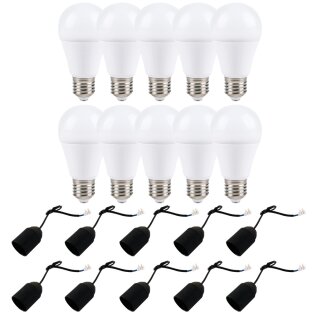 10 x LED Leuchtmittel 12W = 75W E27 1155lm warmweiß 10 x Baufassung Lampenfassung schwarz