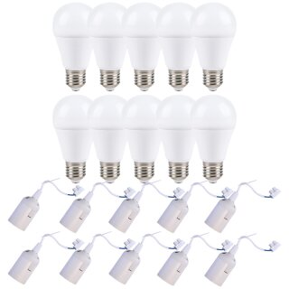 10 x LED Leuchtmittel 12W = 75W E27 1155lm warmweiß 10 x Baufassung Lampenfassung weiß