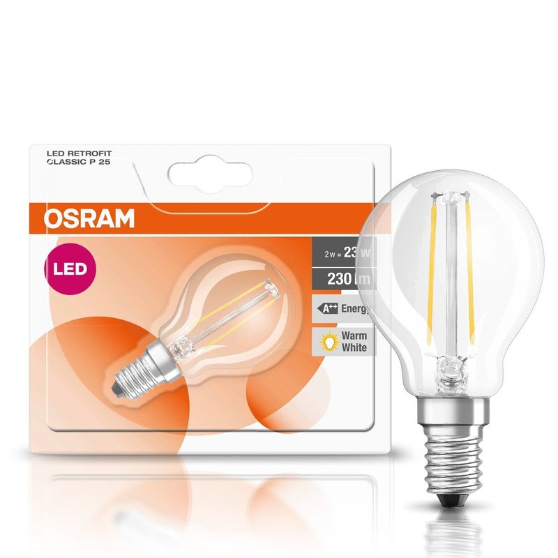 Osram LED Filament Leuchtmittel Tropfen 2W = 25W E14 klar Kugel warmweiß 2700K 
