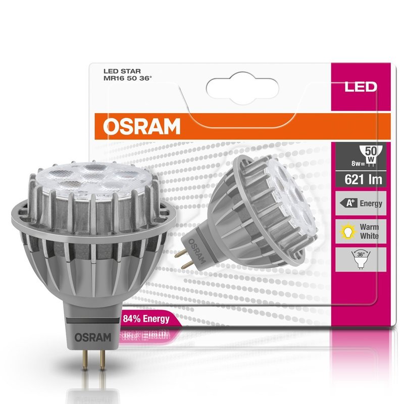 10 x Osram LED Glas Reflektor MR16 8W = 50W GU5,3 12V 621lm warmweiß 2700K 36°