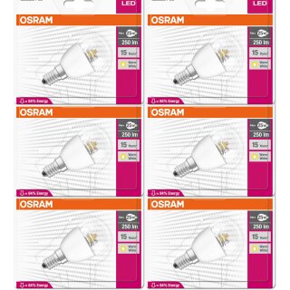 6 x Osram LED Star Classic P Tropfen 4W = 25W E14 klar warmweiß 2700K