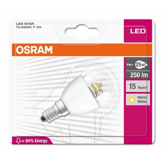 6 x Osram LED Star Classic P Tropfen 4W = 25W E14 klar warmweiß 2700K