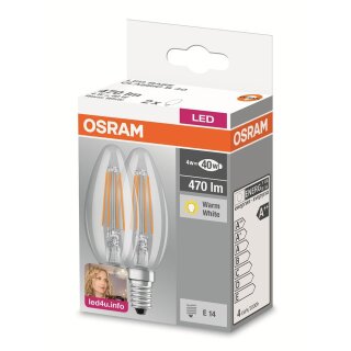 2 x Osram LED Filament Leuchtmittel Kerze 4W = 40W E14 klar 2700K warmweiß