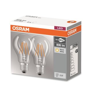 2 x Osram LED Filament Leuchtmittel Birnenform 6W = 60W E27 klar warmweiß 2700K