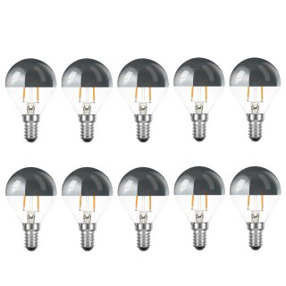 10 x LED Filament Leuchtmittel Tropfen 2,2W fast 25W E14 Kopfspiegel Silber Glühfaden extra warmweiß 2200K