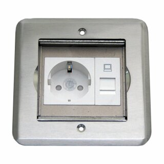 Einbausteckdose Fußbodensteckdose Steckdose 2-fach RJ45 & Schuko Kinderschutzdose Edelstahl für Boden & Wand Flachklappe