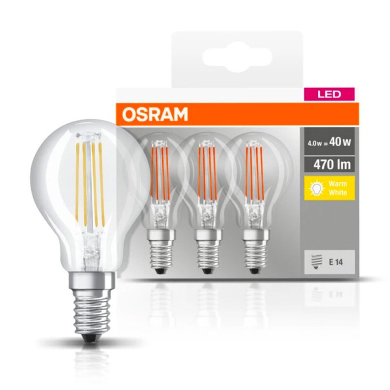 3 x Osram LED Filament Leuchtmittel Tropfen 4W = 40W E14 klar warmwei