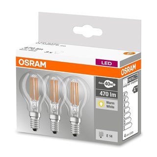 3 x Osram LED Filament Leuchtmittel Tropfen 4W = 40W E14 klar warmwei