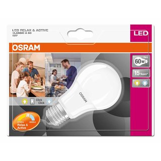 4 x Osram LED Relax & Active Classic A Leuchtmittel Birnenform 8W = 60W E27 matt 806lm warmweiß & kaltweiß
