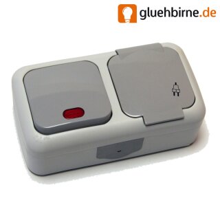 Aufputz Schalter Programm Feuchtraum IP54 AP Steckdose Taster Kombination Doppeldose Kombi Hinweistaster Steckdose
