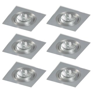 6 x Einbaustrahler Aluminium quadratsich inkl. Leuchtmittel Halogen 35W GU10 230V warmweiß dimmbar geeignet für LED