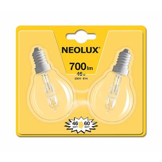 2 x Neolux Halogen Leuchtmittel Tropfen Classic P 46W = 60W E14 klar Kugel 700lm warmweiß 2700K dimmbar