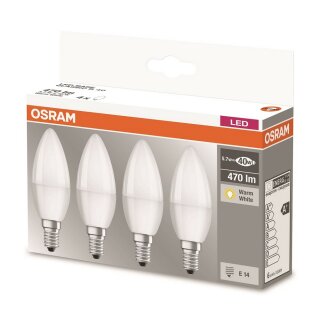 4 x Osram LED Leuchtmittel Base Kerze 5,7W = 40W E14 matt warmweiß 2700K