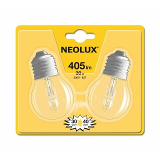 2 x Neolux Eco Halogen Tropfen Glühbirne 30W = 40W E27 klar Blister warmweiß dimmbar