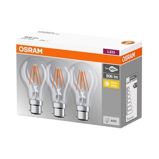 3 x Osram LED Leuchtmittel Base Classic A Filament 7W = 60W B22d klar 806lm warmweiß 2700K