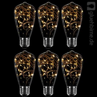 6 x LED Deko Leuchtmittel Kupferkabel Edison ST64 1,6W = 10W E27 klar extra warmweiß 2200K