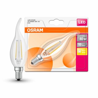 Osram LED Filament Retrofit Windstoß Kerze 4W = 40W E14 klar Classic BA 40 warmweiß 2700K