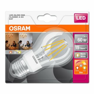 Osram LED Filament Leuchtmittel Birnenform 7W = 60W E27 klar Glow Dim warmweiß 2200K - 2700K DIMMBAR