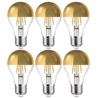 6 x LED Filament Leuchtmittel Birnenform 6,5W entspricht 60W E27 Kopfspiegel Gold warmweiß 2700K