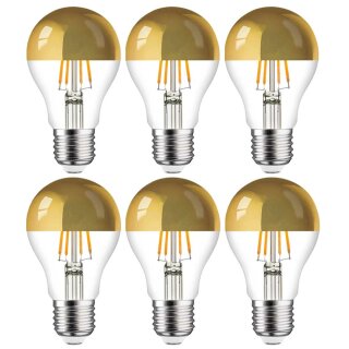 6 x LED Filament Leuchtmittel Birnenform 6,5W entspricht 60W E27 Kopfspiegel Gold warmweiß 2700K