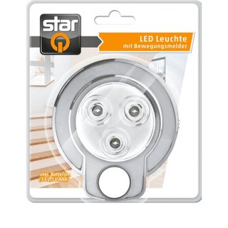 Star LED Leuchte mit Bewegungsmelder Silber 0,3W 9lm 12500K mit 3 x AAA Batterien