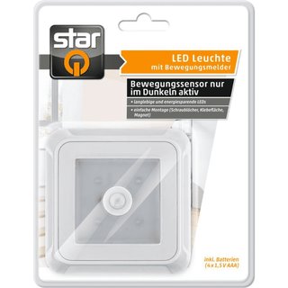 Star LED Leuchte mit Bewegungsmelder eckig Weiß 0,5W 12lm 12500K mit 3 x AAA Batterien