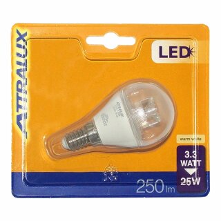 Attralux LED Leuchtmittel Tropfen 3,3W = 25W E14 klar Kugel warmweiß 2700K