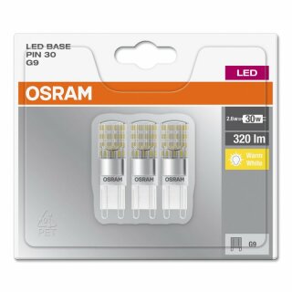 3 x Osram LED Base Classic Leuchtmittel Stiftsockel Pin 2,6W = 30W G9 230V klar warmweiß 2700K