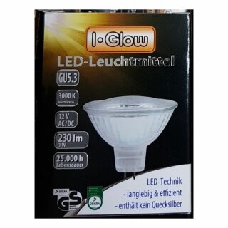 I-Glow LED Leuchtmittel Glas Reflektor MR16 3W GU5,3 12V 230lm warmweiß 3000K 120°