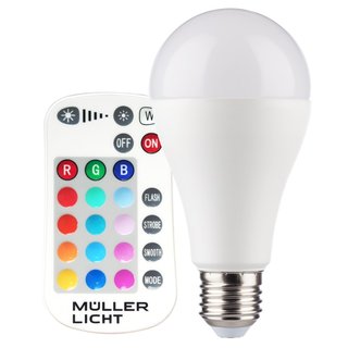 Müller-Licht LED Leuchtmittel Birnenform A65 10W ~ 60W E27 matt RGB+ bunt & warmweiß 2700K 200° mit Fernbedienung
