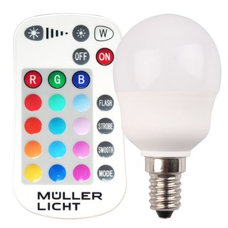 Müller-Licht RGB+ LED Tropfenform 5W = 25W E14 bunt & warmweiß dimmbar mit Fernbedienung