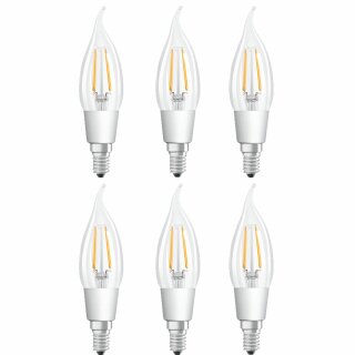 6 x Osram LED Filament Windstoß Kerze 4,5W = 40W E14 klar 470lm GLOWdim warmweiß 2200K-2700K DIMMBAR