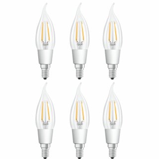 6 x Osram LED Filament Windstoß Kerze 4,5W = 40W E14 klar 470lm GLOWdim warmweiß 2200K-2700K DIMMBAR