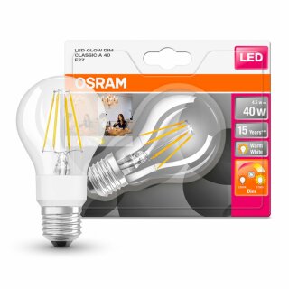 Osram LED Filament Leuchtmittel Birnenform A60 4,5W = 40W E27 GlowDim warmweiß 2200K-2700K DIMMBAR