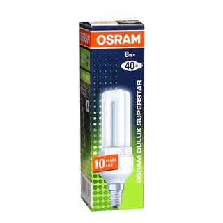 Osram Dulux 8W / 827, entspricht 40 Watt, Sockel E14 Energiesparlampen in Röhrenform, warmweiß