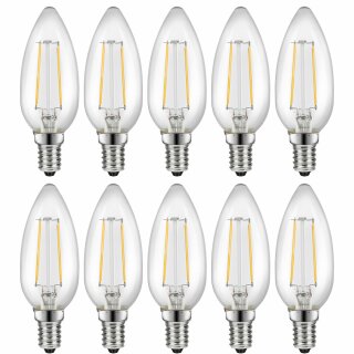 10 x LED Filament Leuchtmittel Kerze 2,1W = 25W E14 klar 250lm warmweiß 2700K