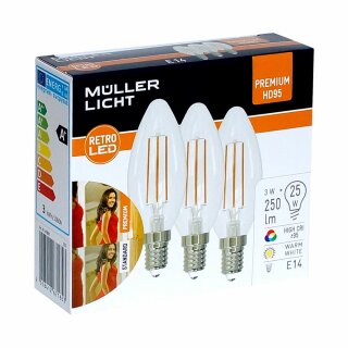 3 x Müller-Licht LED Filament Leuchtmittel Kerze 3W = 25W E14 klar 250lm warmweiß 2700K 200° Ra>95