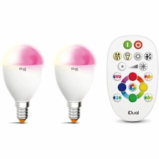 2 x iDual one LED Leuchtmittel Tropfenform P45 5,3W = 35W E14 matt 400lm warmweiß 2700K RGB Moodligt dimmbar mit Fernbedienung