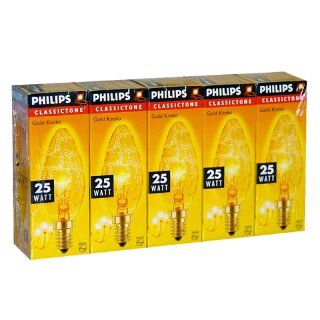 5 x Philips Gold Kroko Glühbirne Kerze 25W E14 Glühlampe 25 Watt Glühbirnen Krokoeis Classictone