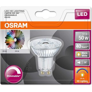 Osram LED Leuchtmittel Glas Reflektor PAR16 6,1W = 50W GU10 350lm warmweiß 2700K Ra90 DIMMBAR