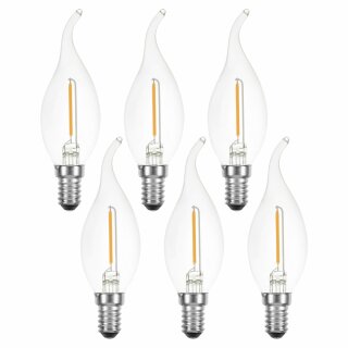 6 x LED Filament Leuchtmittel Windstoß Kerze 1W = 15W E14 klar 822 extra warmweiß 2200K