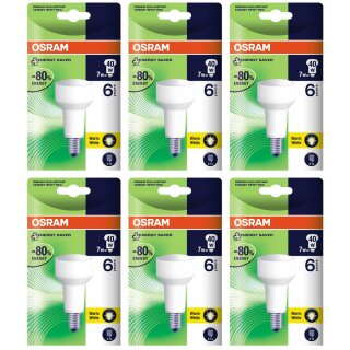 6 x Osram Energiesparlampe 7W = 40W E14 Reflektor Target Spot R50 Duluxstar warmweiß 2500K