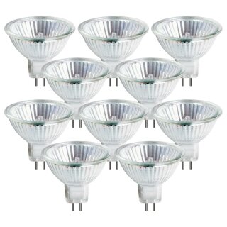 10 x Halogen Leuchtmittel Reflektor MR16 20W GU5,3 12V longlife 4000h warmweiß dimmbar flood 36°