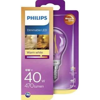 Philips LED Filament Leuchtmittel Tropfen 6W = 40W E14 klar 470lm WarmGlow 2200K-2700K warmweiß DIMMBAR