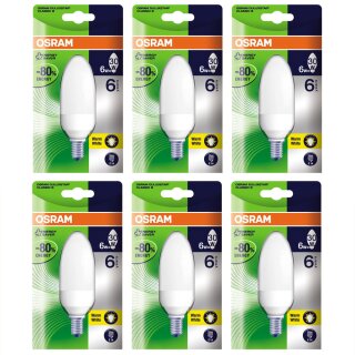 6 x Osram Dulux Kerze 7W = 30W E14 Energiesparlampe 2700K warm warmweiß Duluxstar Classic B