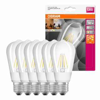 6 x Osram LED Filament Edison Leuchtmittel LEDISON 7W = 60W E27 klar 806lm Glow Dim 2200K - 2700K warmweiß DIMMBAR